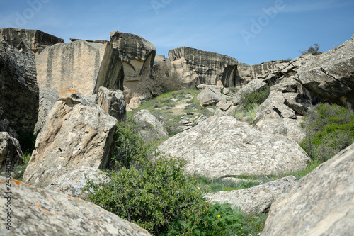 Gobustan Azerbaijan.A national treasure a landmark a rocky area with a rich and ancient history.district of Azerbaijan.On the rocks are drawn pictures of people who lived here in ancient times.