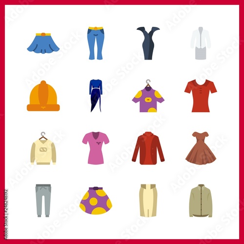 16 clothes icon. Vector illustration clothes set. pants and sweater icons for clothes works