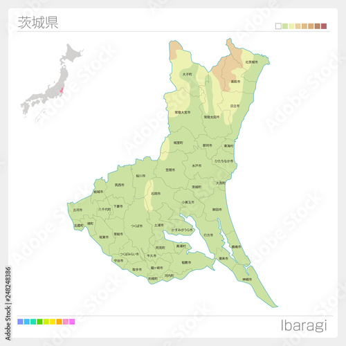 茨城県の地図（等高線・色分け・市町村・区分け）