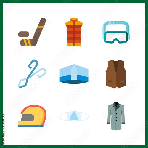 9 protective icon. Vector illustration protective set. doctor hat and crucible tongs icons for protective works