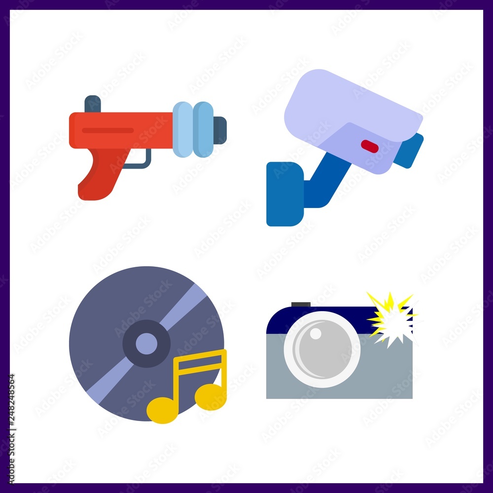 4 record icon. Vector illustration record set. camera and security camera icons for record works