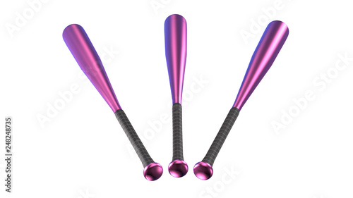 Three Pink 3D Metal Baseball Bats Isolated on White Background.