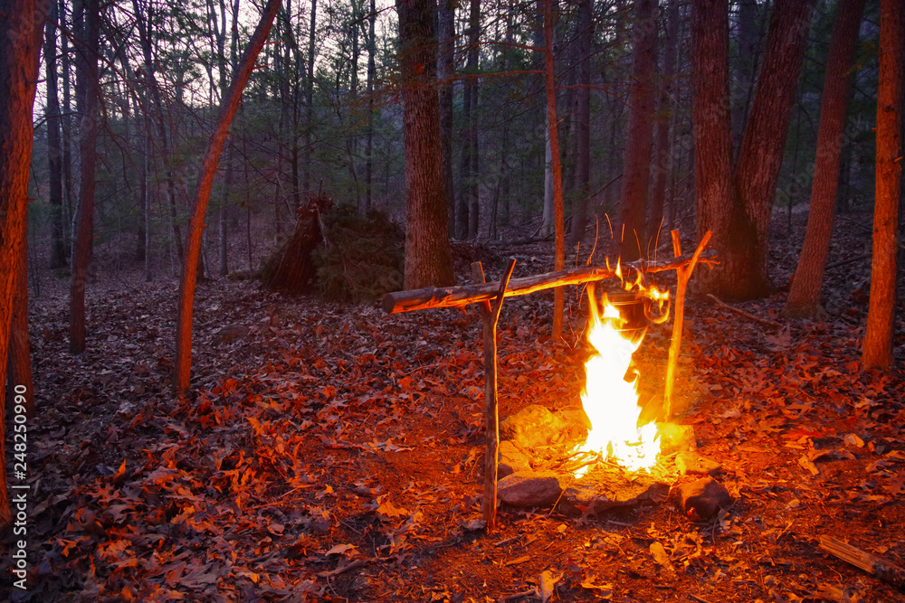 Bushcraft campfire for cooking with primitive debris hut shelter