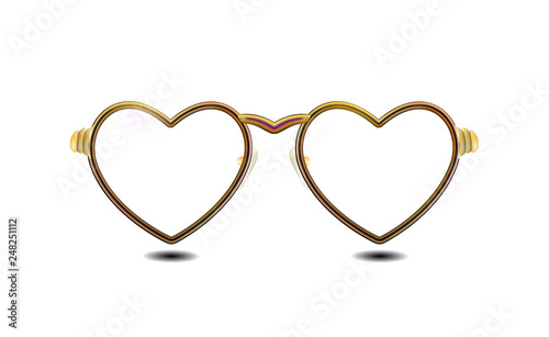 Attribute of Valentines day golden glasses with a rim of hearts, isolated on light background. Eyeglasses obligatory Retro design. Heart spectacles pictogram accessory. Gold vector illustration EPS10