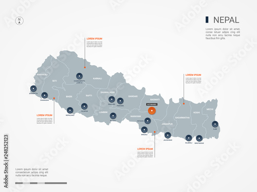Nepal map with borders, cities, capital and administrative divisions. Infographic vector map. Editable layers clearly labeled.