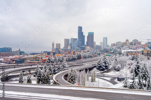 Photography Downtown Seattle covered in snow on a cloudy winter day
