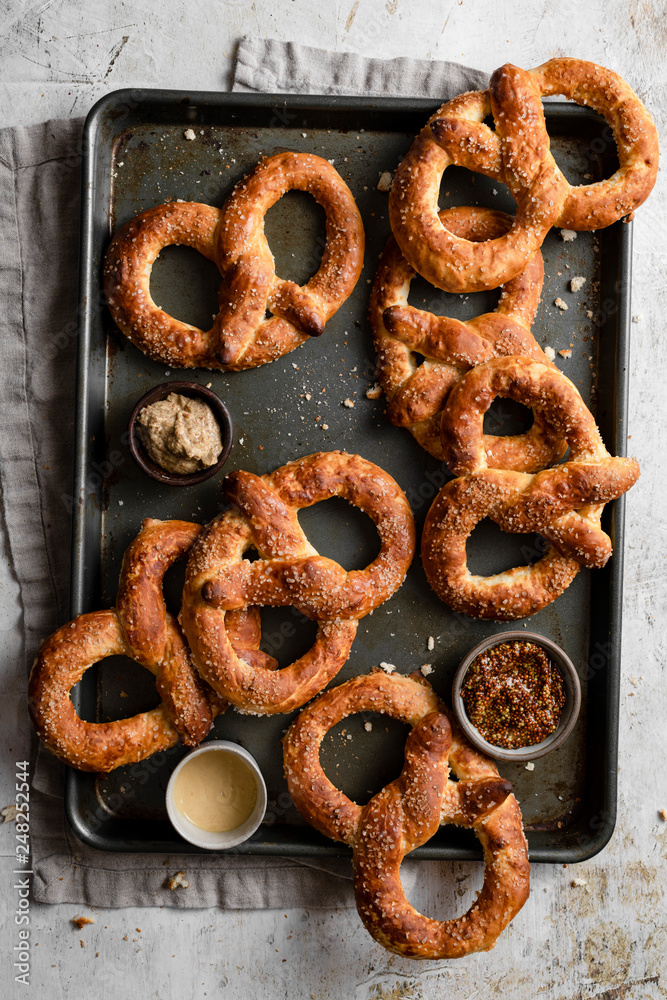 Overhead view of pretzels on baking tray Overhead view of pretzels on baking tray