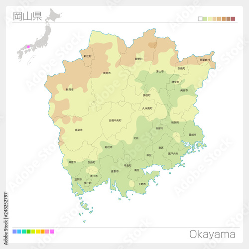 岡山県の地図（等高線・色分け・市町村・区分け）