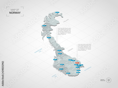 Isometric  3D Norway map. Stylized vector map illustration with cities, borders, capital, administrative divisions and pointer marks; gradient background with grid.