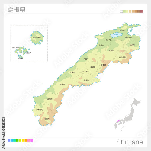 島根県の地図（等高線・色分け・市町村・区分け）