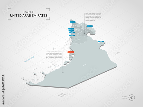Isometric 3D United Arab Emirates map. Stylized vector map illustration with cities, borders, capital, administrative divisions and pointer marks; gradient background with grid.