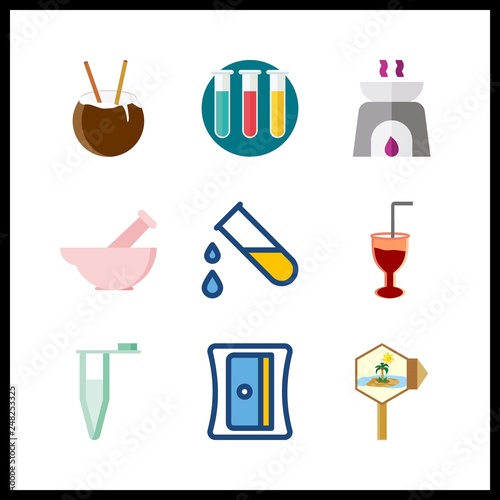 9 preparation icon. Vector illustration preparation set. mortar and test tubes icons for preparation works