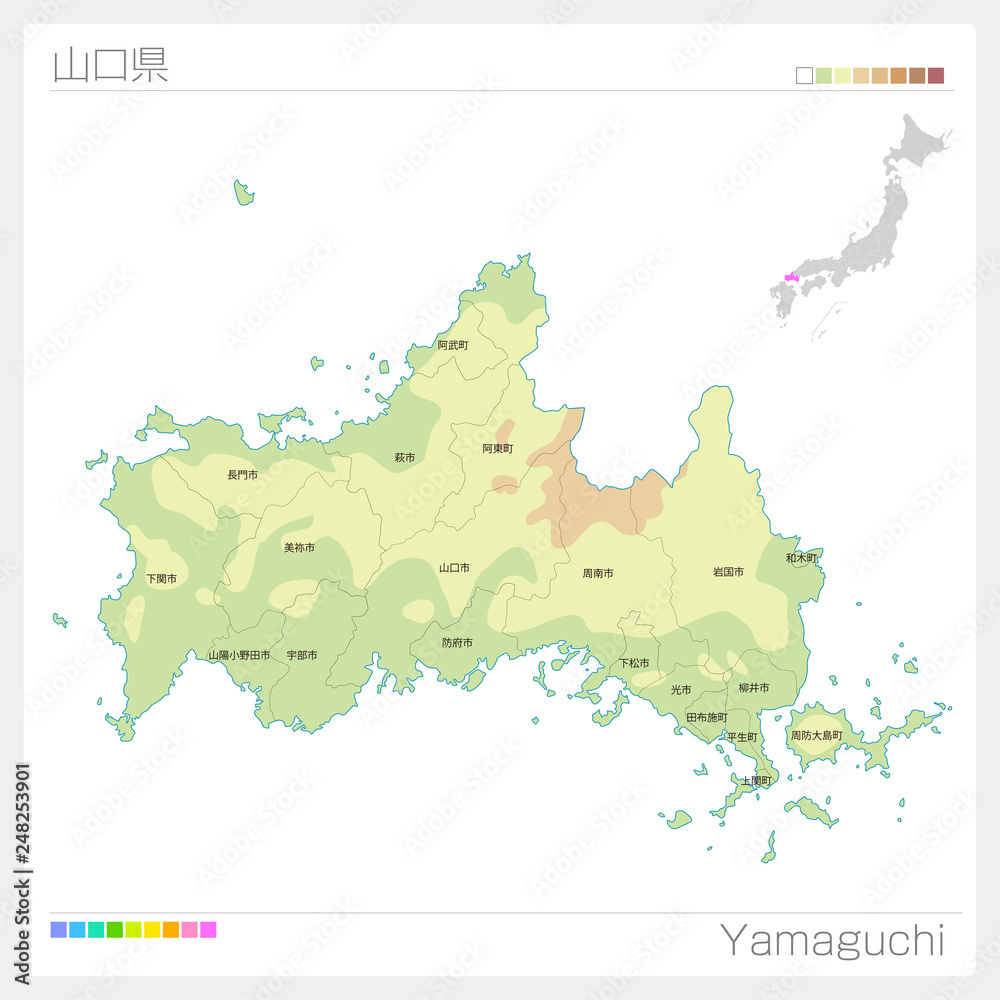 山口県の地図 等高線 色分け 市町村 区分け Stock Vector Adobe Stock