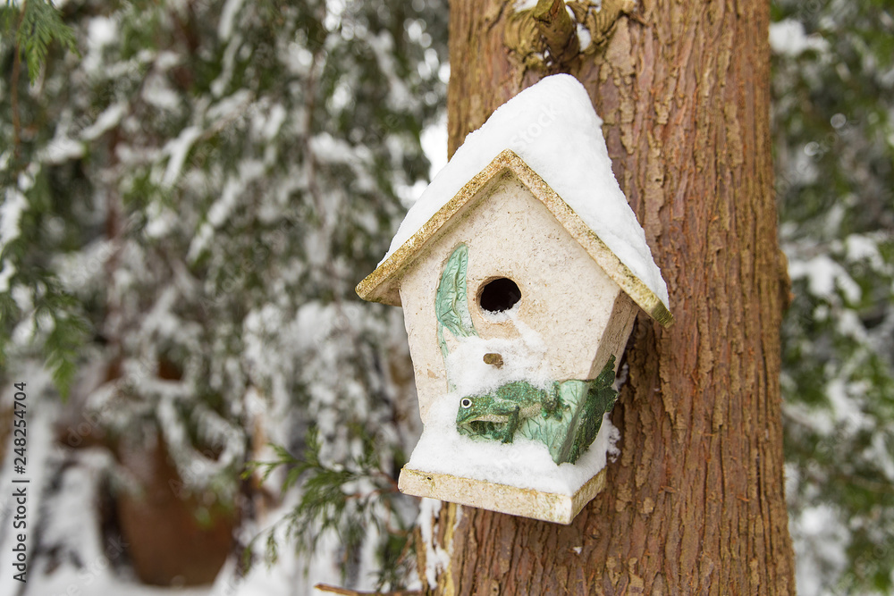birdhouse covered in winter snow on a tree
