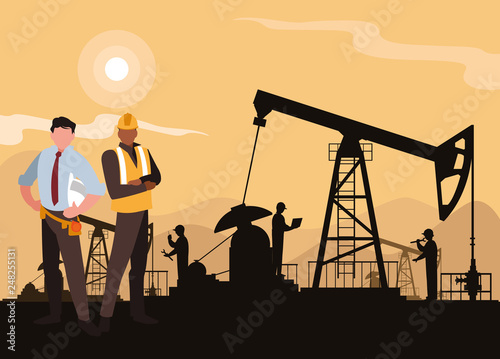 oil industry scene with derrick and workers