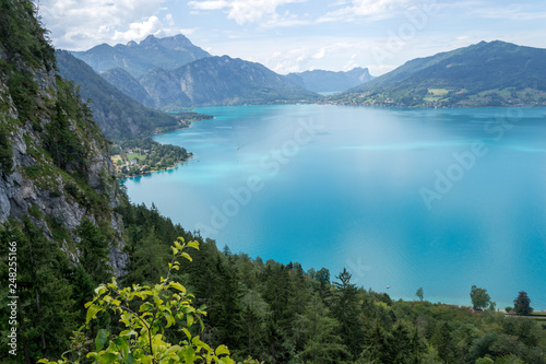 Top view of Attersee lake, Austria, as seen from the via ferrata route above it, on a clear, hot, Summer day.