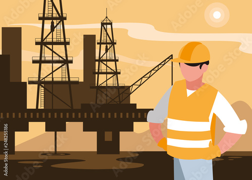oil industry scene with marine platform and worker