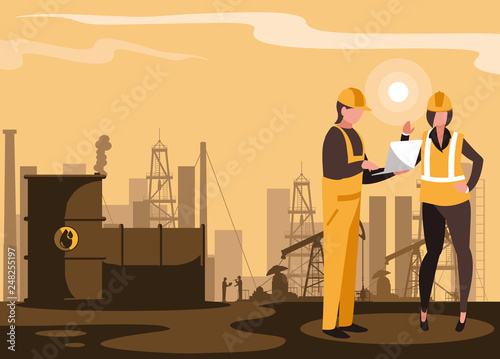 oil industry scene with plant pipeline and workers