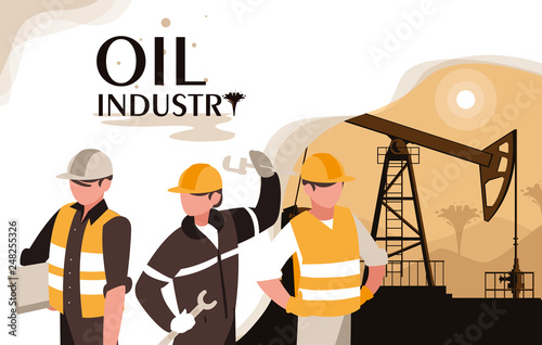 oil industry scene with derrick and workers