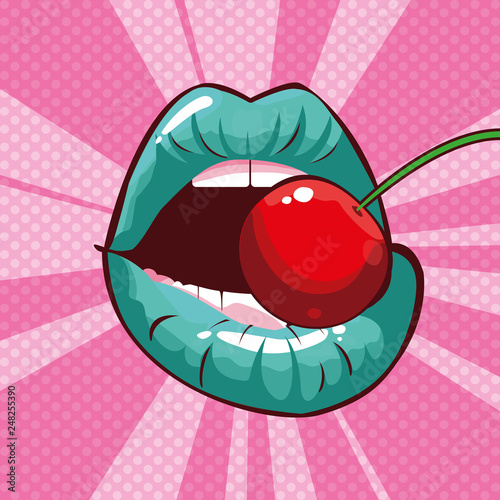sexy woman mouth eating cherry pop art style
