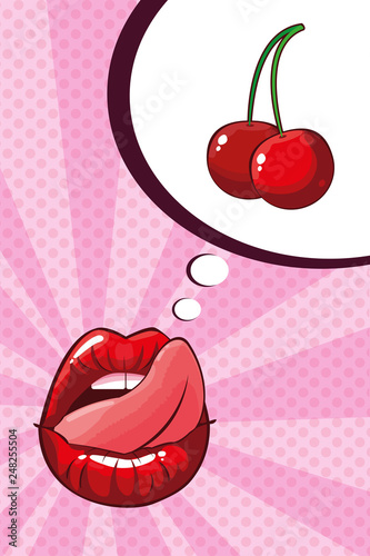 sexy woman mouth eating cherry pop art style
