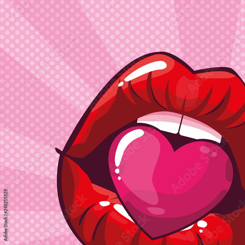 sexy woman mouth with heart pop art style