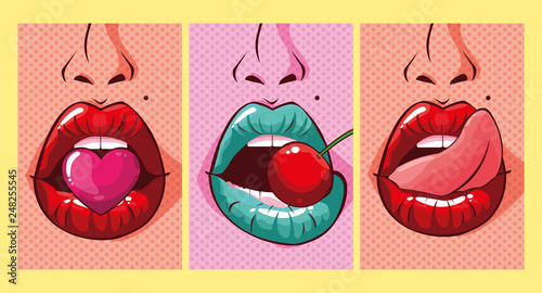 set of sexy woman mouths pop art style