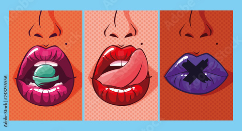 set of sexy woman mouths pop art style