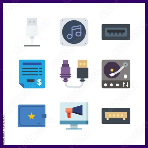 9 electronic icon. Vector illustration electronic set. usb cable and invoice icons for electronic works
