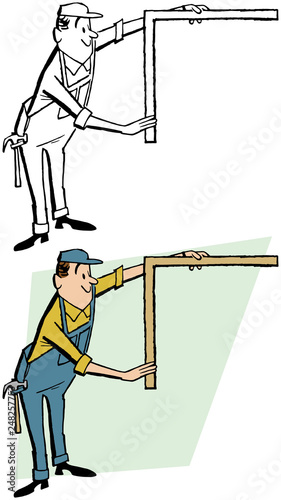 A carpenter with a wooden square angle ruler