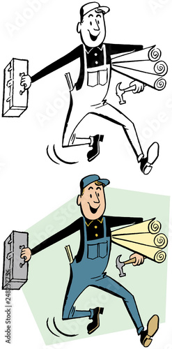 An excited carpenter with a toolbox and a set of plans.