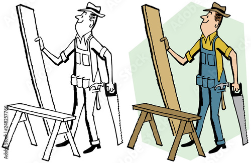 A carpenter with a saw and a plank of wood.