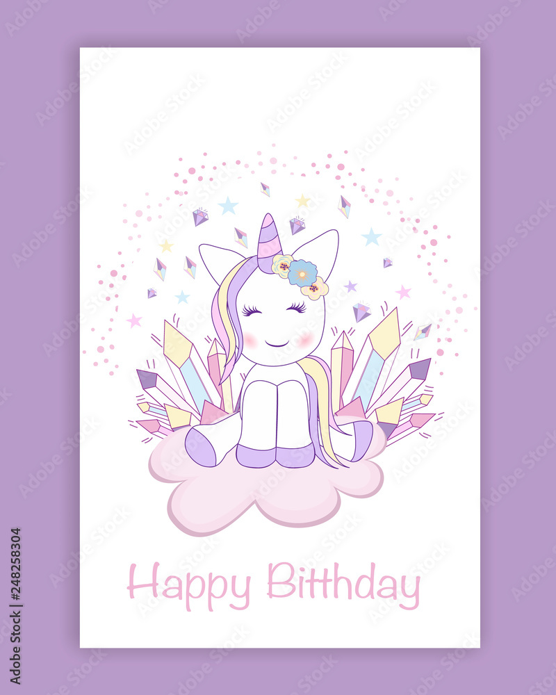 Beautiful unicorn on clouds with stars illustration, vector.