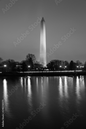 The Washington Monument and Tidal Basin at night, in Washington, DC