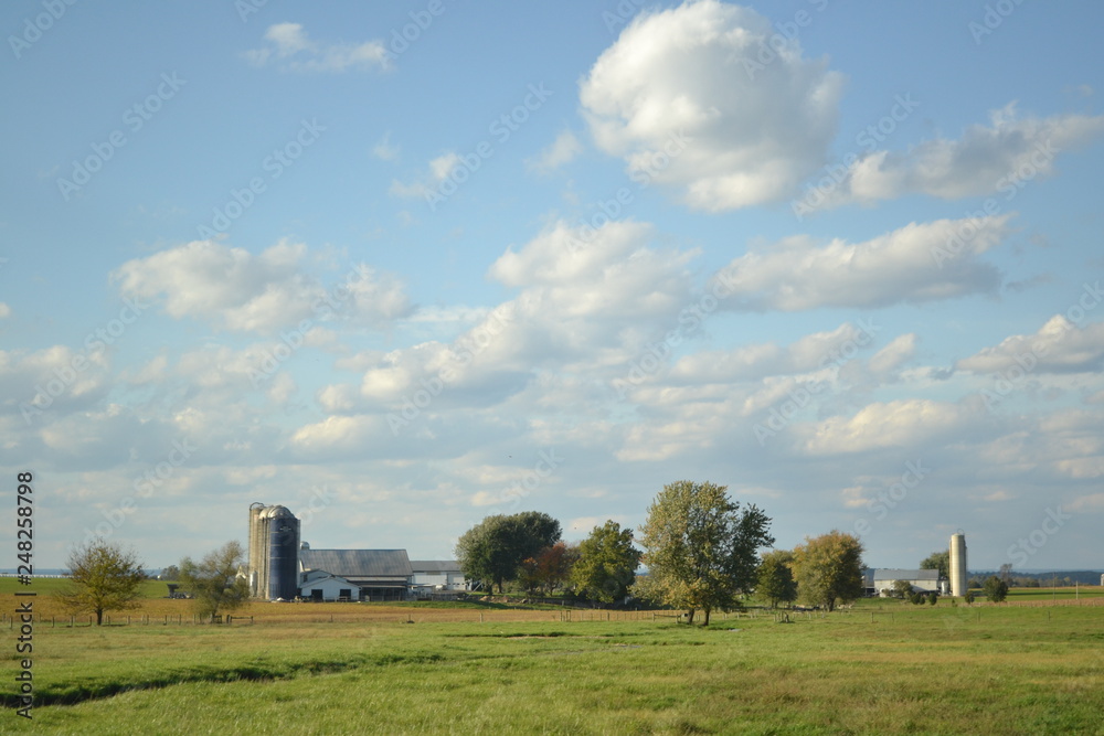 View of a cropped field at a bright sunny day with buildings on the background View of a cropped field at a bright sunny day with buildings on the background