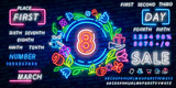 Number eight symbol neon sign vector. Eighth, Number eight template neon icon, light banner, neon signboard, nightly bright advertising, light inscription. Vector illustration