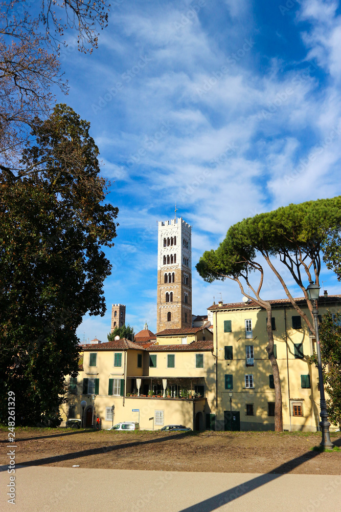 Classic Tuscany city landscape - old hoses and bell tower of Lucca Cathedral, with trees and blue sky with clouds background