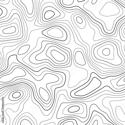 Contour lines. Actual topography map. Black and white seamless design, energetic tileable isolines pattern. Vector illustration.