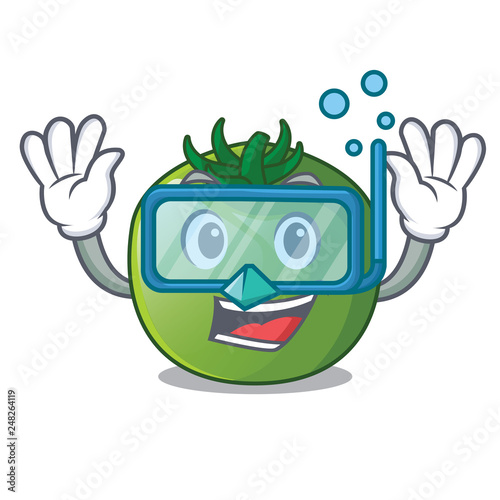Diving green tomato with the isolated cartoons