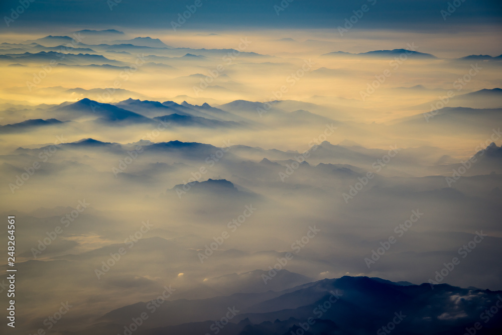 Morning fog of mountains aerial view