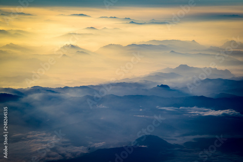 Morning fog of mountains aerial view