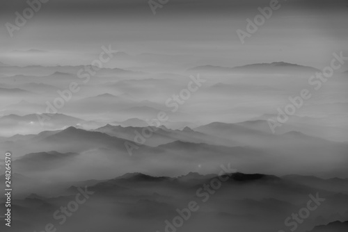 Morning fog of mountains aerial view