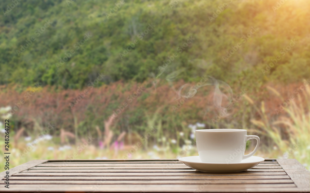 Coffee espresso on wood table nature background in garden,warm tone Coffee espresso on wood table nature background in garden,warm tone