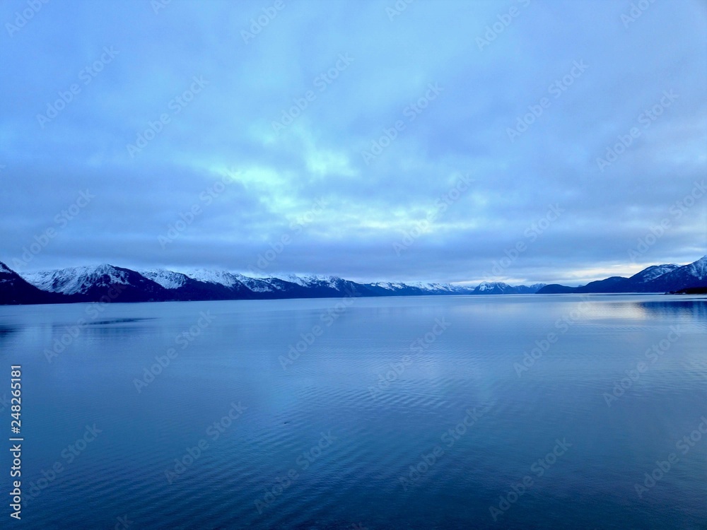 Resurrection bay and Seward Alaska before sunset in the winter