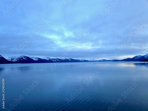 Resurrection bay and Seward Alaska before sunset in the winter