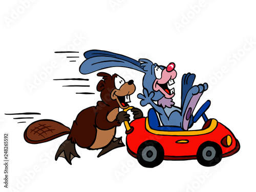 Beaver and Rabbit playing with toy car