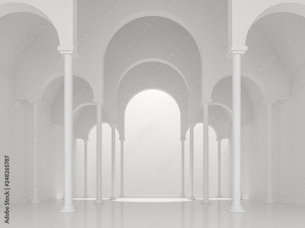 Modern white space interior with asch shape 3d render