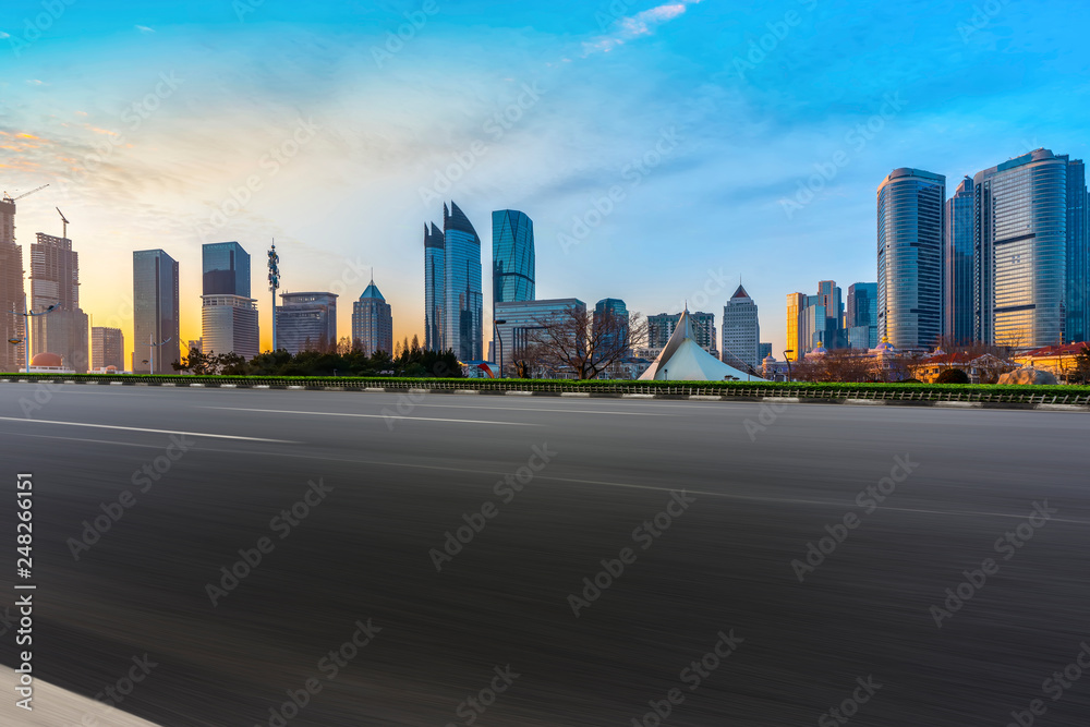 Highway Road and Skyline of Modern Urban Architecture in Qingdao..