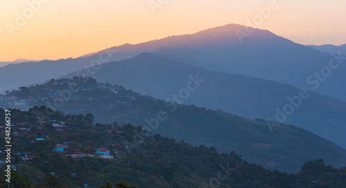 Photography sun setting on the mountains of town of Mindat in the Chin State, Myanmar