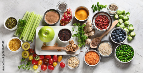Vegetables, fruit, grain, superfoods for vegan and vegetarian eating.